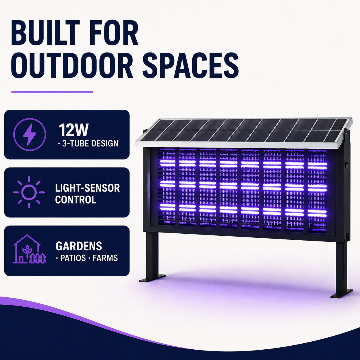 Solar mosquito lamp 12W three-tube design for gardens, patios and farms