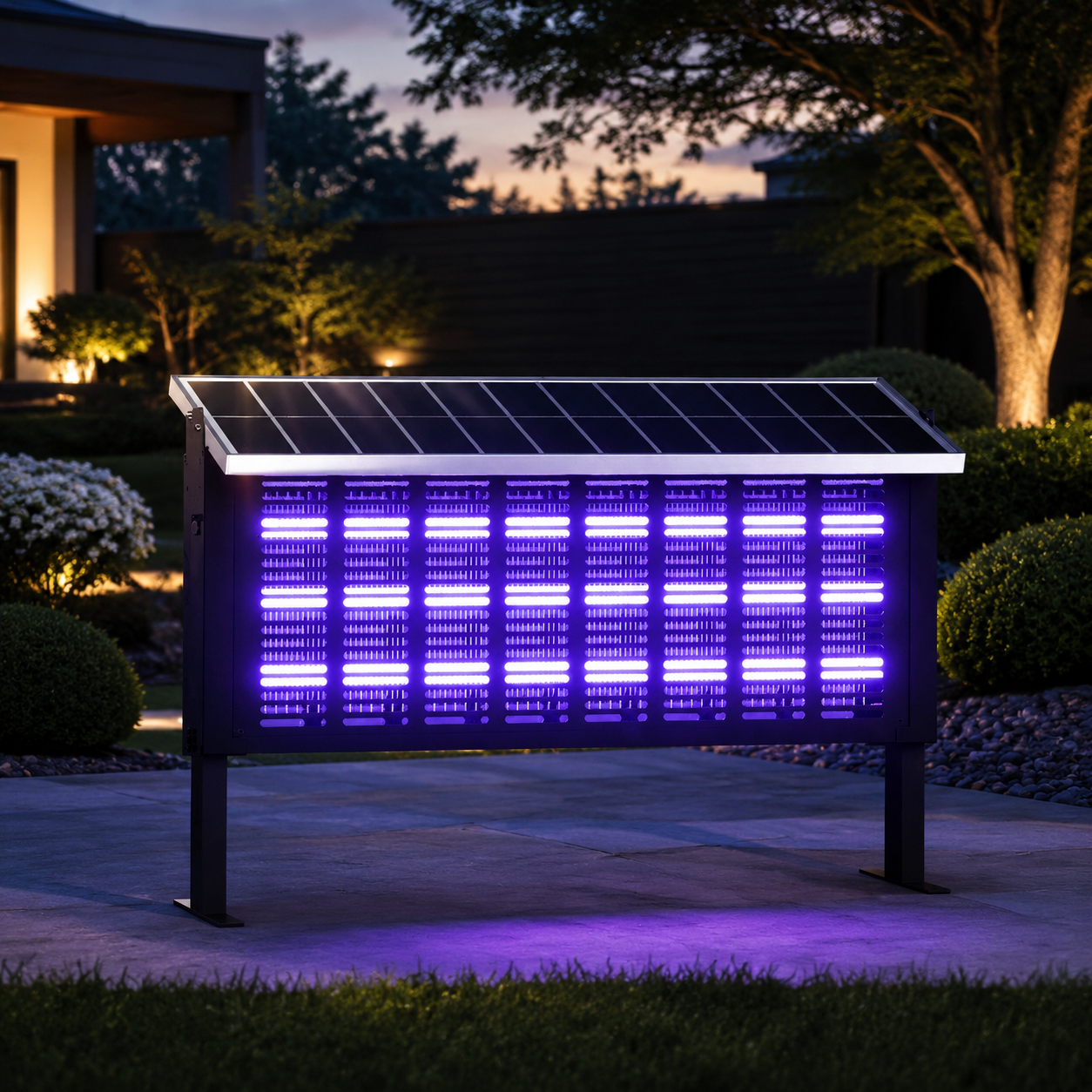 Solar mosquito lamp installed in a modern garden at dusk